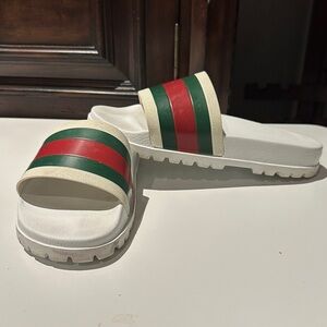 Gucci Web Slide Sandal - White Sandals with Red and Green Stripes